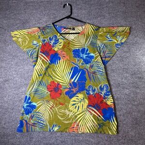 Susan Graver Weekend Womens Medium Tropical Floral Flutter Sleeve V-Neck  Olive